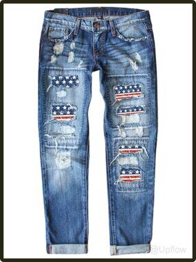Women's Ripped Plaid Patch Boyfriend Jeans High Rise Skinny Distressed Denim
